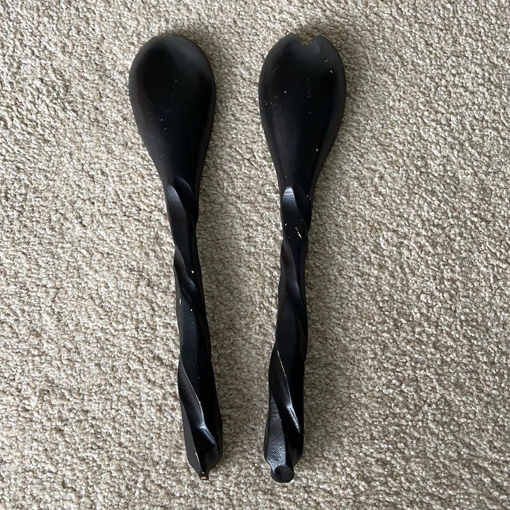 Vintage Unique Handles ENRICO Black Dark Brown Wooden Salad Serving Spoon Set - Picture 2 of 7